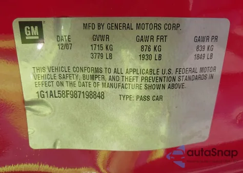 2008 Chevrolet Cobalt Lt z USA, uszkodzony, nr VIN 1G1AL58F987198848